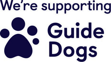 Black writing on white background, dog paw print with were supporting Guide Dogs